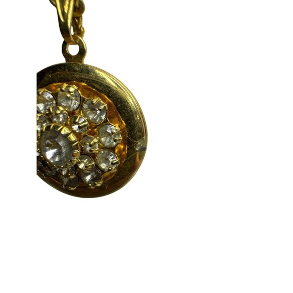 Gold Tone Crystal Round Locket Necklace Chain Vintage Style Photo Holder Pendant - Picture 5 of 8